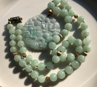 14K Gold Bead Natural Jadeite Necklae and Pendant, Size of Pendant: 2", Size of each jadeite bead: