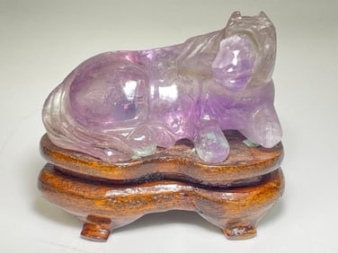 Asian Carved Quartz Horse Figurine on Stand