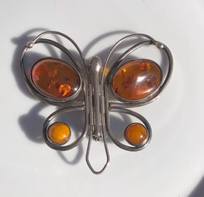 Vintage Silver Amber Brooch Pin