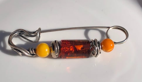 Vintage Silver Amber Brooch Pin