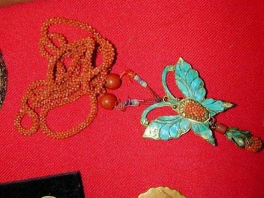 Antique Chinese Court Coral and Kingfish Feather Necklace, Size of Pendant: 2"