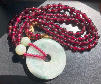 Vintage Garnet Necklace with Jadeite Pendant
