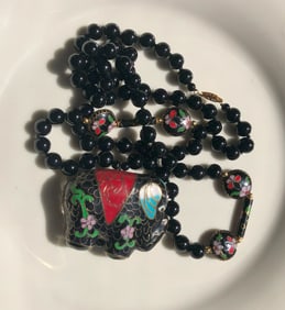 Vintage Black Onyx Necklace with Elephant Pendant