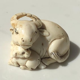 Antique Carved Cow and Dog Netsuke, Size: 1.75"