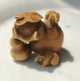 Antique Carved Squirrel and Gourd Netsuke, Size: 2"