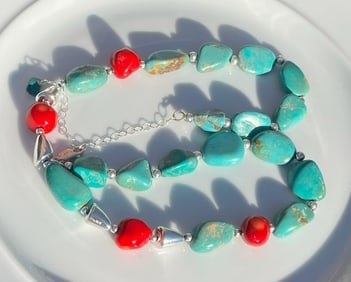 Vintage Silver Necklace with Turquoise Beads