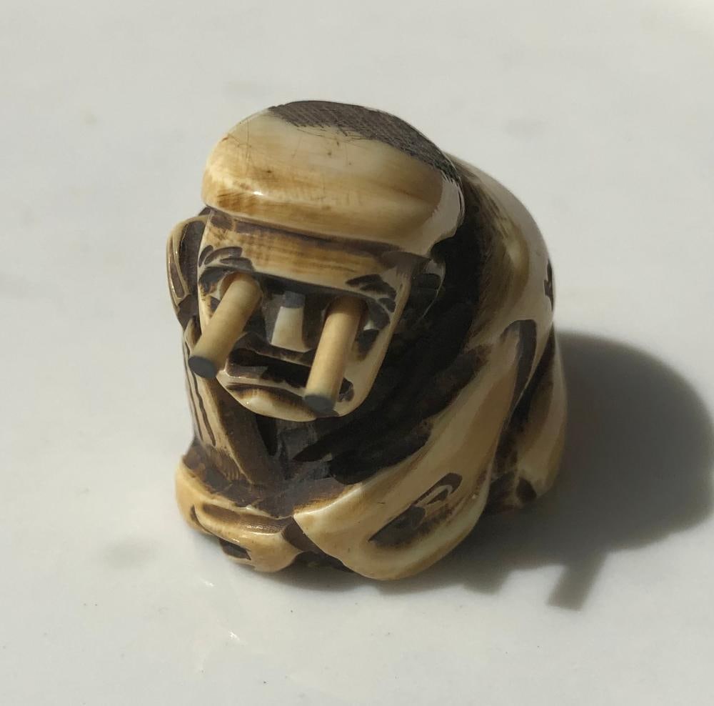 Antique Carved Man with Movable Eyes Netsuke, Size: 1.25" x 1.25" (1 of 4)