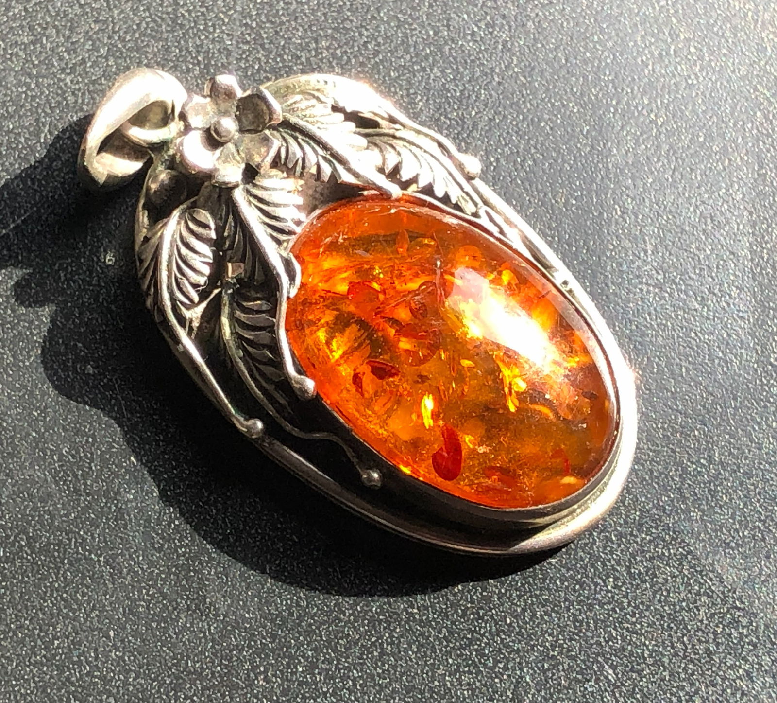 Silver Amber Pendant: Silver Amber Pendant, Size: 2.5"