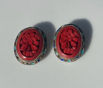 Pair of Cinnabar Silver Earrings