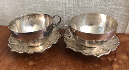 Pair of Silver Tea Cups and Dishes
