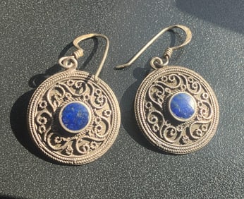 Filigree Earrings with Blue Stone