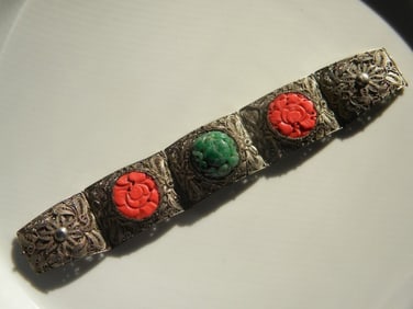 Antique Chinese Silver Filigree Coral Jadeite Bracelet, length 7", width 1"