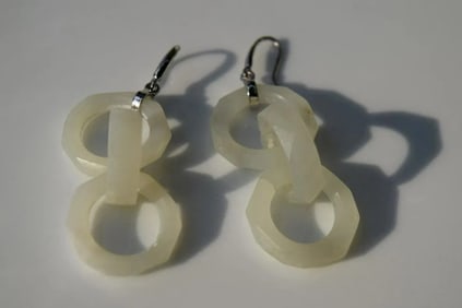 Pair of Antique Chinese Nephrite Jade Three Circles Earrings, size: 2.5" x 0.75"