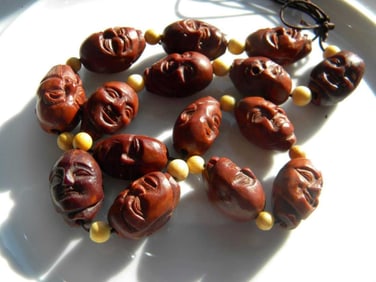 Antique Chinese Carved Pit Nut Necklace, size of each bead 1"