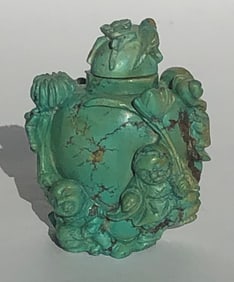 Antique Chinese Turquoise Snuff Bottle on Stand, total height 3.25"