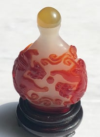 Antiqe Chinese Red Overlay Glass of Dragon and Pheonix, Size: 3"