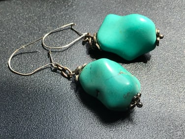 Pair of Chinese Silver Turquoise Earrings