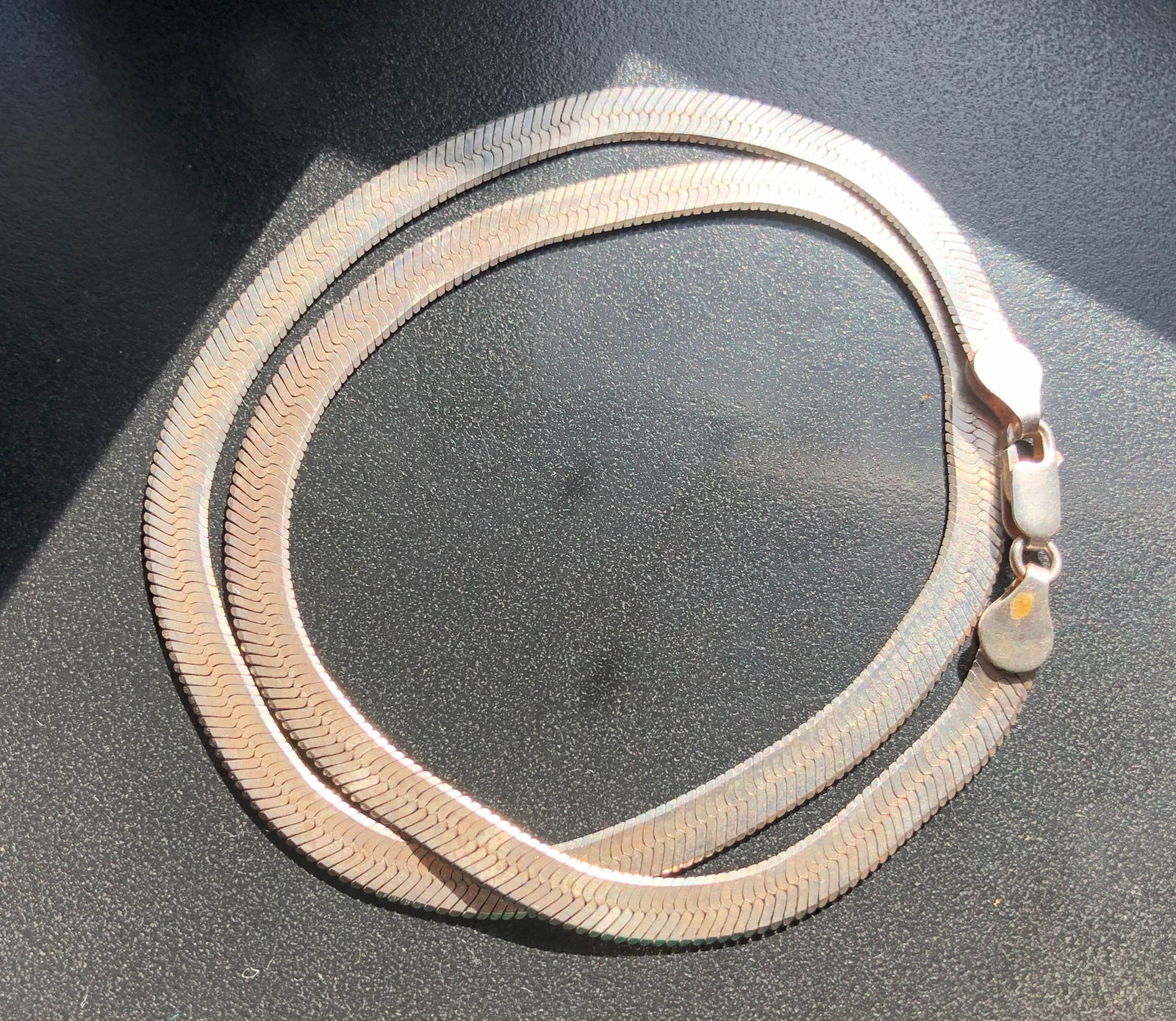 Silver Necklace: Elegant silver necklace with a sleek design.