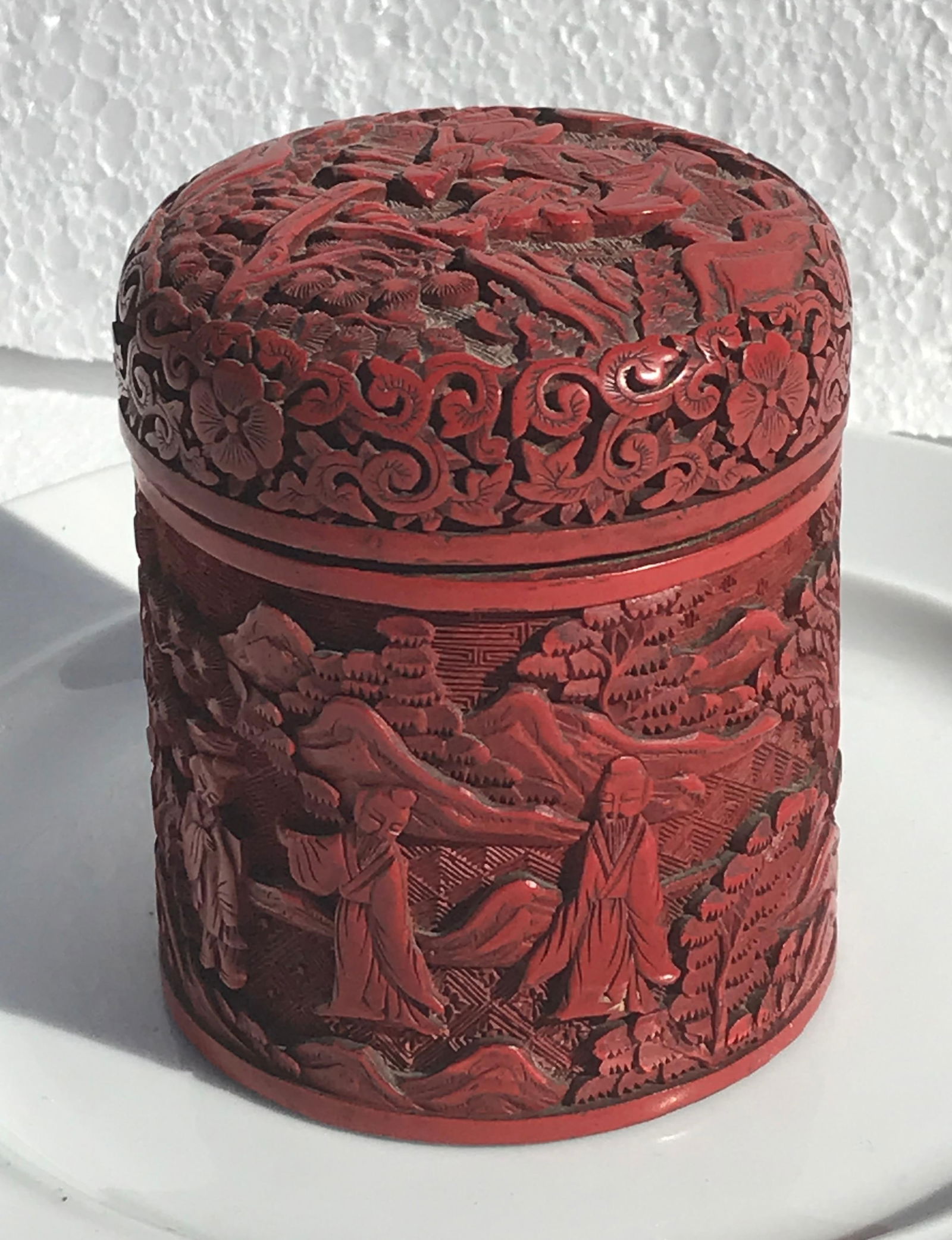 Antique Chinese Red Lacquer Tea Caddy, H: 3.75"