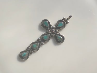 Vintage Silver Turquoise Pendant, Size: 2.5"