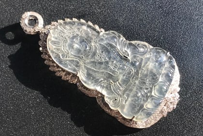 18K Gold Diamond Jadeite Pendant, Size: 2.5"