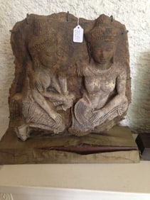 ANTIQUE ASIAN STONE BUDDAH FROM A TEMPLE , TWO BUDDAHS DANCING