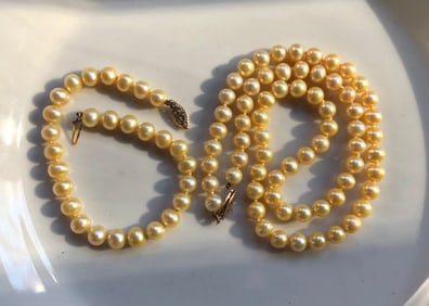 14K Gold Clasp Yellow Pearl Bracelet and Necklace