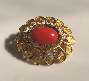 Vintage Red Coral Brooch Pin