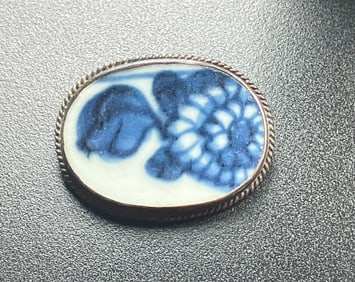Vintage Silver Porcelain Brooch Pin