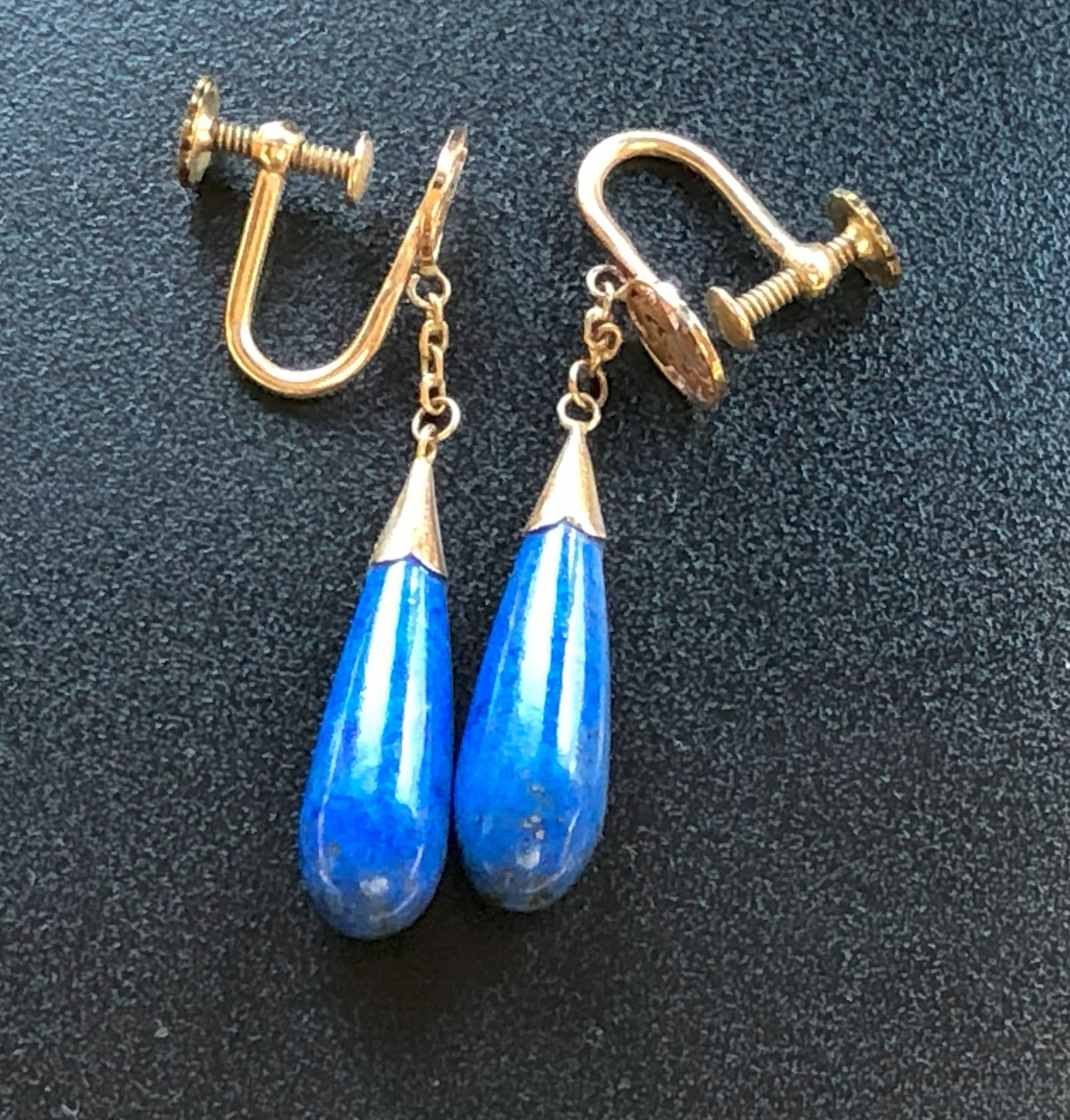 Blue Lapis Teardrop Earrings: Elegant blue Lapis teardrop earrings with gold filled screw backings.