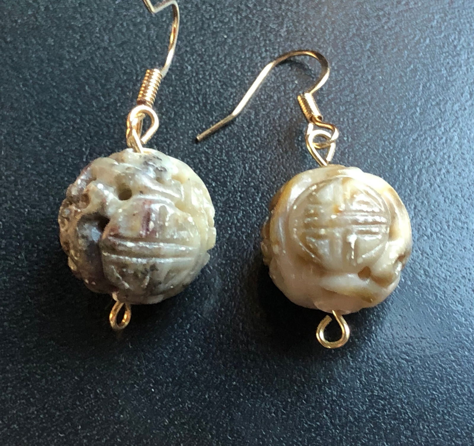 Pair of Carved Longevity Earrings: Pair of Carved Longevity Earrings, Diameter: 20mm