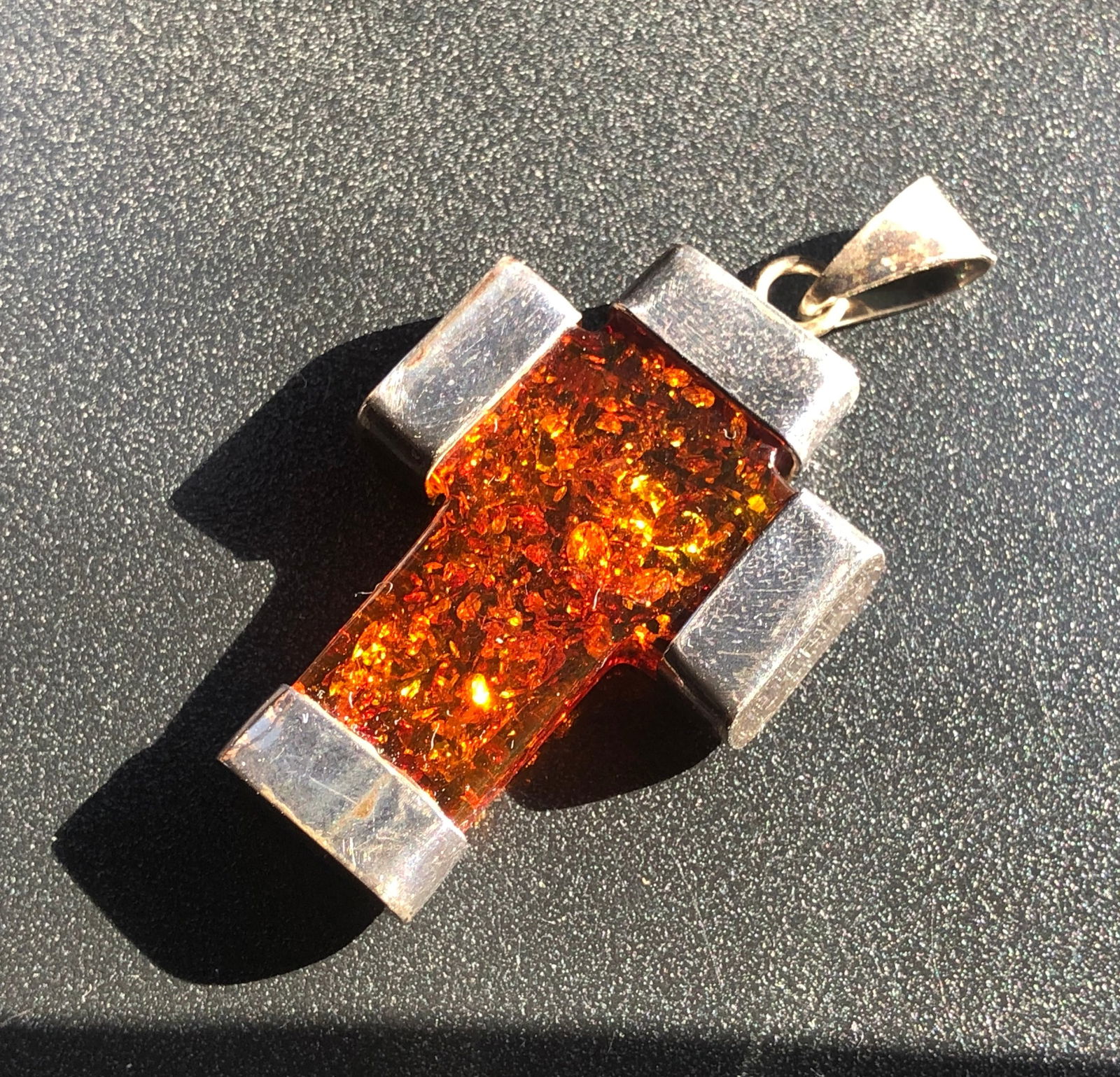 Vintage Silver Amber Pendant: Vintage Silver Amber Pendant, Size: 2"