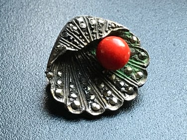 Antique Silver Brooch Pin with Red Coral Beads