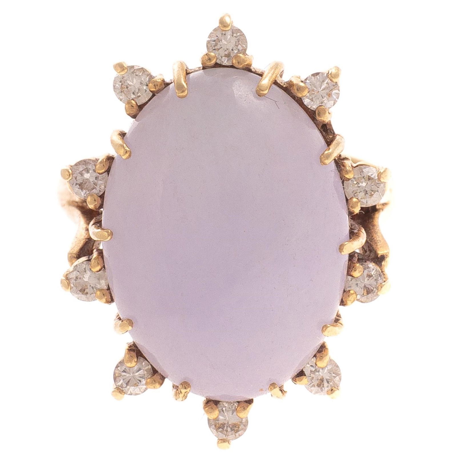 14K yellow ring featuring an oval lavender jadeite ring with 10 full cut diamonds in a raised prong (1 of 5)