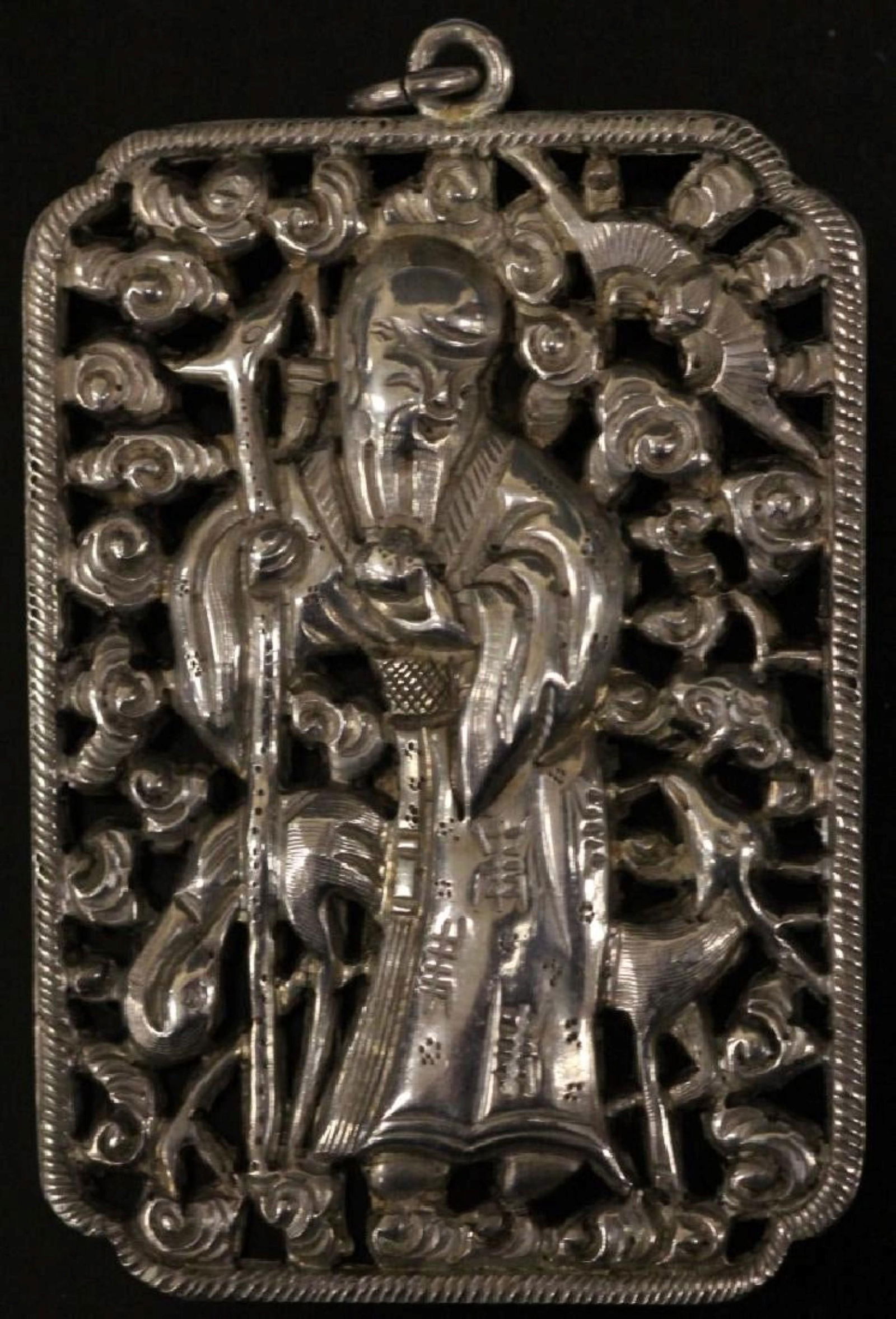ANTIQUE CHINESE LONGEVITY GOD SILVER PIN, Size: Length- 2" Width- 1 1/2" Weight- 14.6 grams (1 of 3)