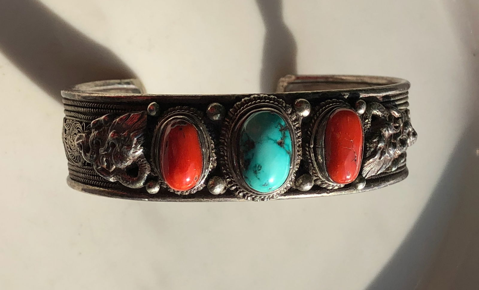 Vintage Tibet Silver Bracelet with Coral and Turquoise (1 of 6)
