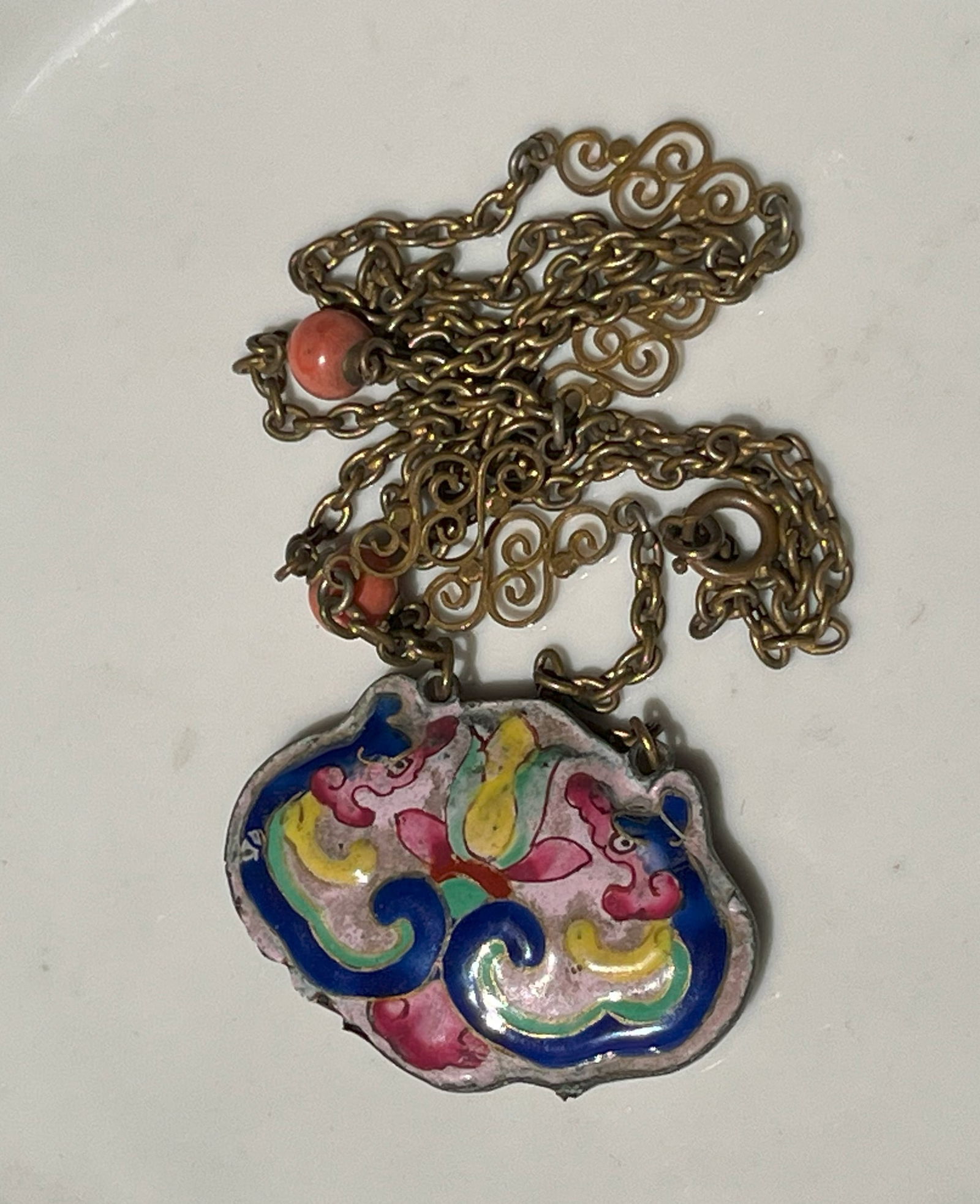 Antique Enamel Dragon Coral Necklace: Antique Enamel Dragon Coral Necklace