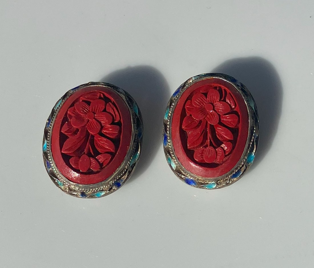 Pair of Cinnabar Silver Earrings: Pair of Cinnabar Silver Earrings