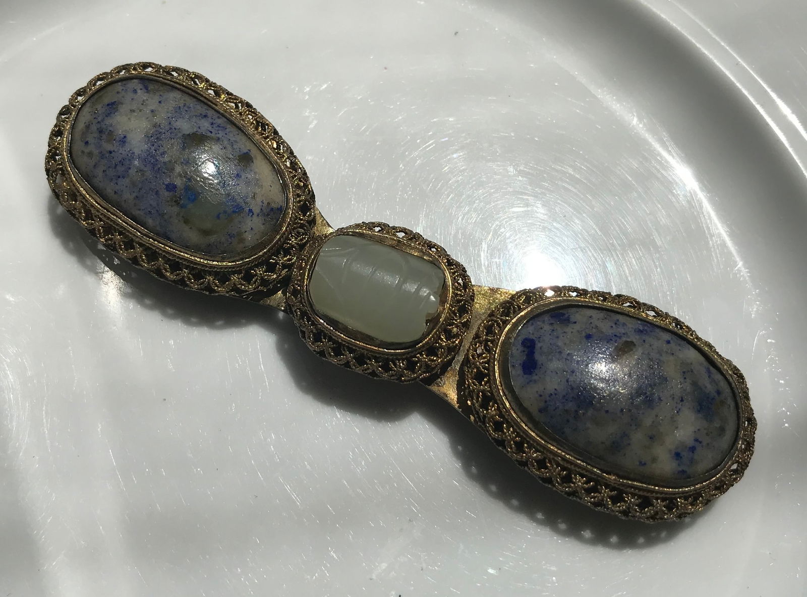 Antique Chinese White Jade Lapis Belt Buckle: Antique Chinese White Jade Lapis Belt Buckle, Size: 4.2"