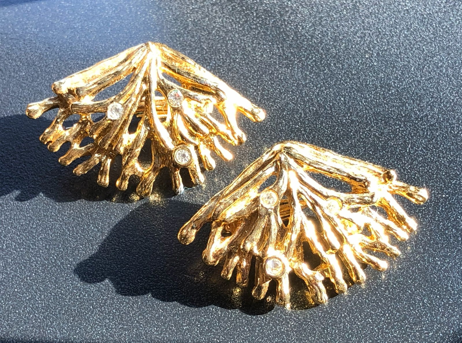 Gold Color Earrings: Elegant gold color earrings with a coral design and embedded gemstones.