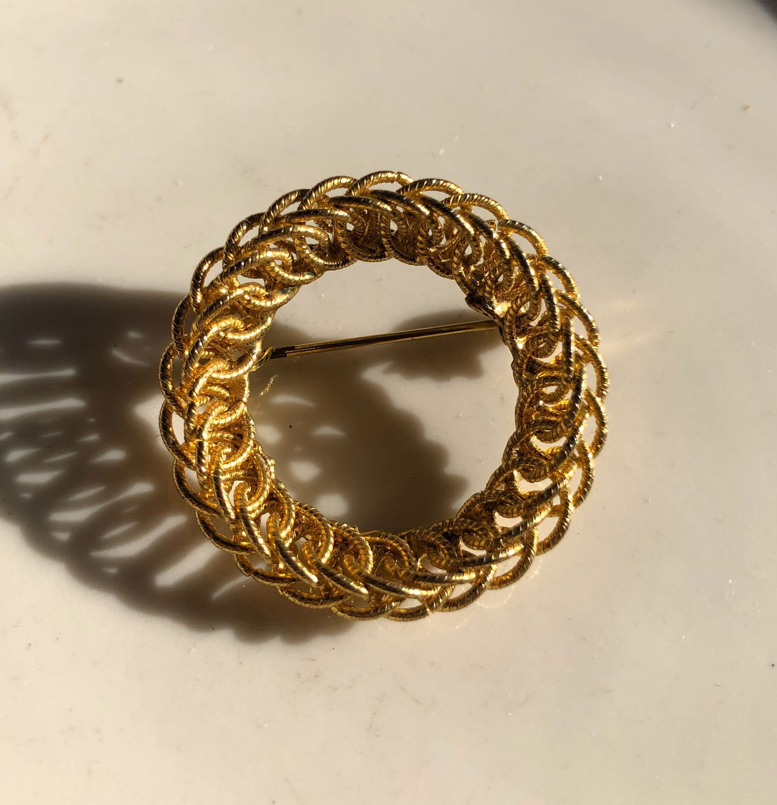 Gold Filled Brooch: Elegant gold filled brooch with intricate design, Size: 1.4".