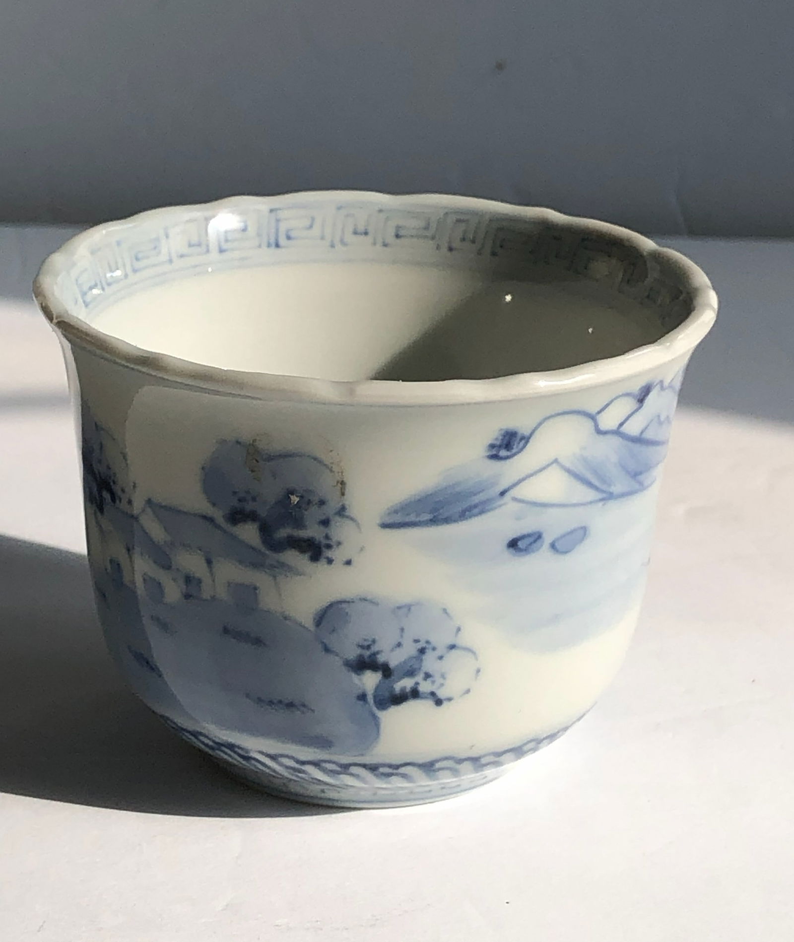 Antique Blue and White Cup: Antique Blue and White Cup, Size: 3.5" x 2.25"