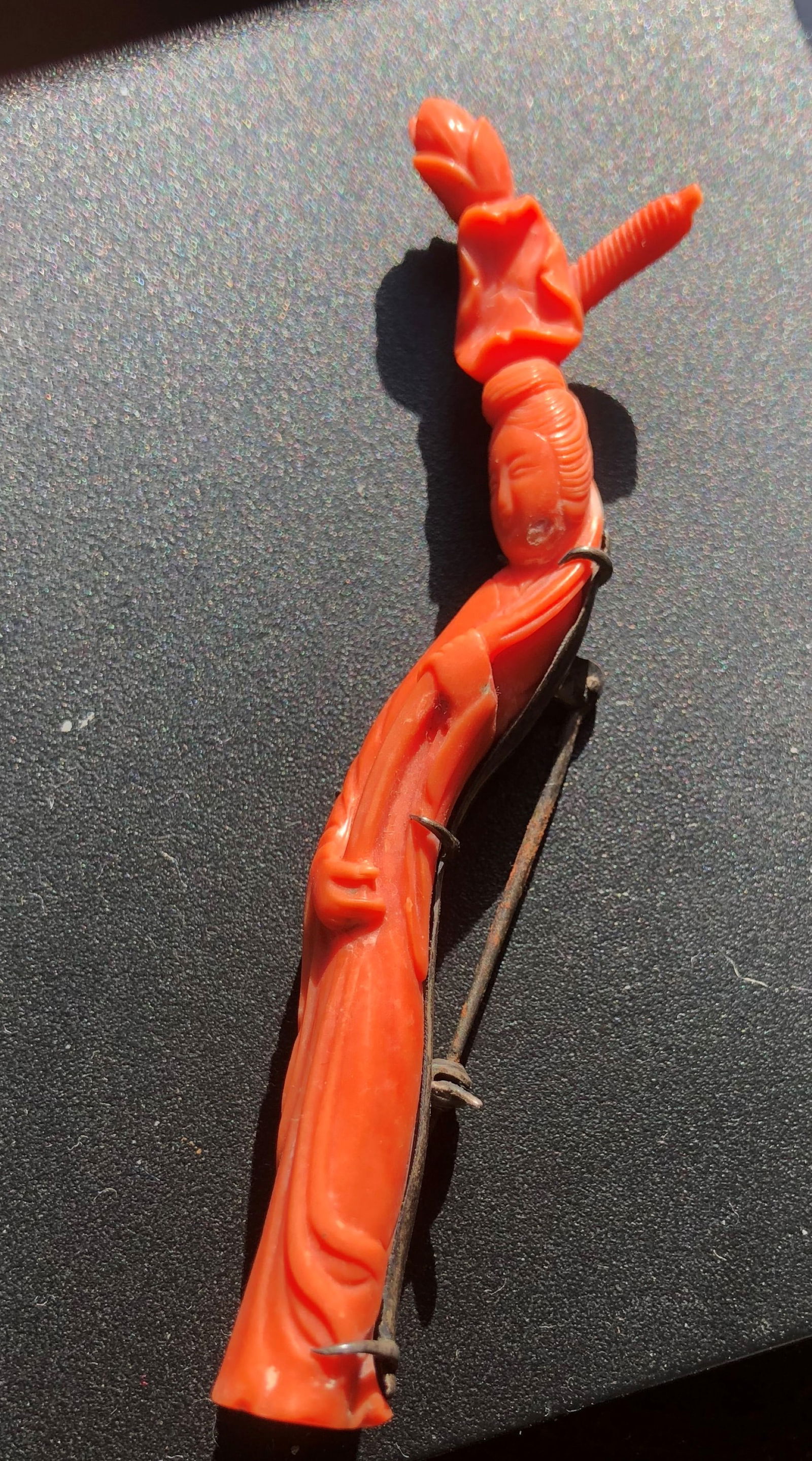 Antique Red Coral Lady with Lotus Brooch Pin: Antique Red Coral Lady with Lotus Brooch Pin, Size: 3.5"