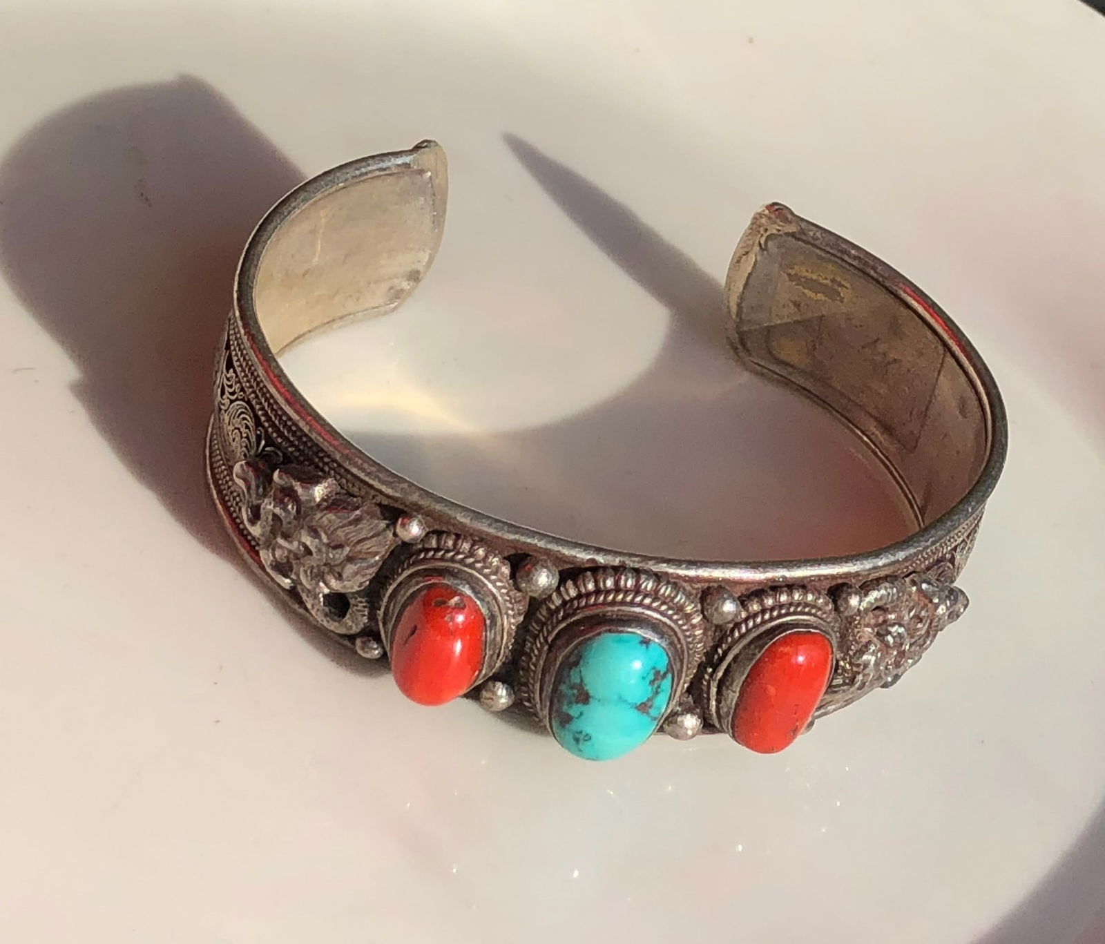Vintage Tibet Silver Bracelet with Coral and Turquoise: Vintage Tibet Silver Bracelet with Coral and Turquoise, weight 51g