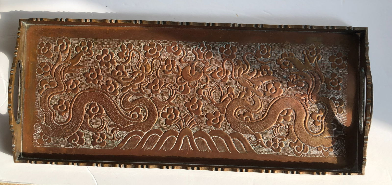 Antique Copper Dragon Tray: Antique Copper Dragon Tray, Size: 14" x 6"