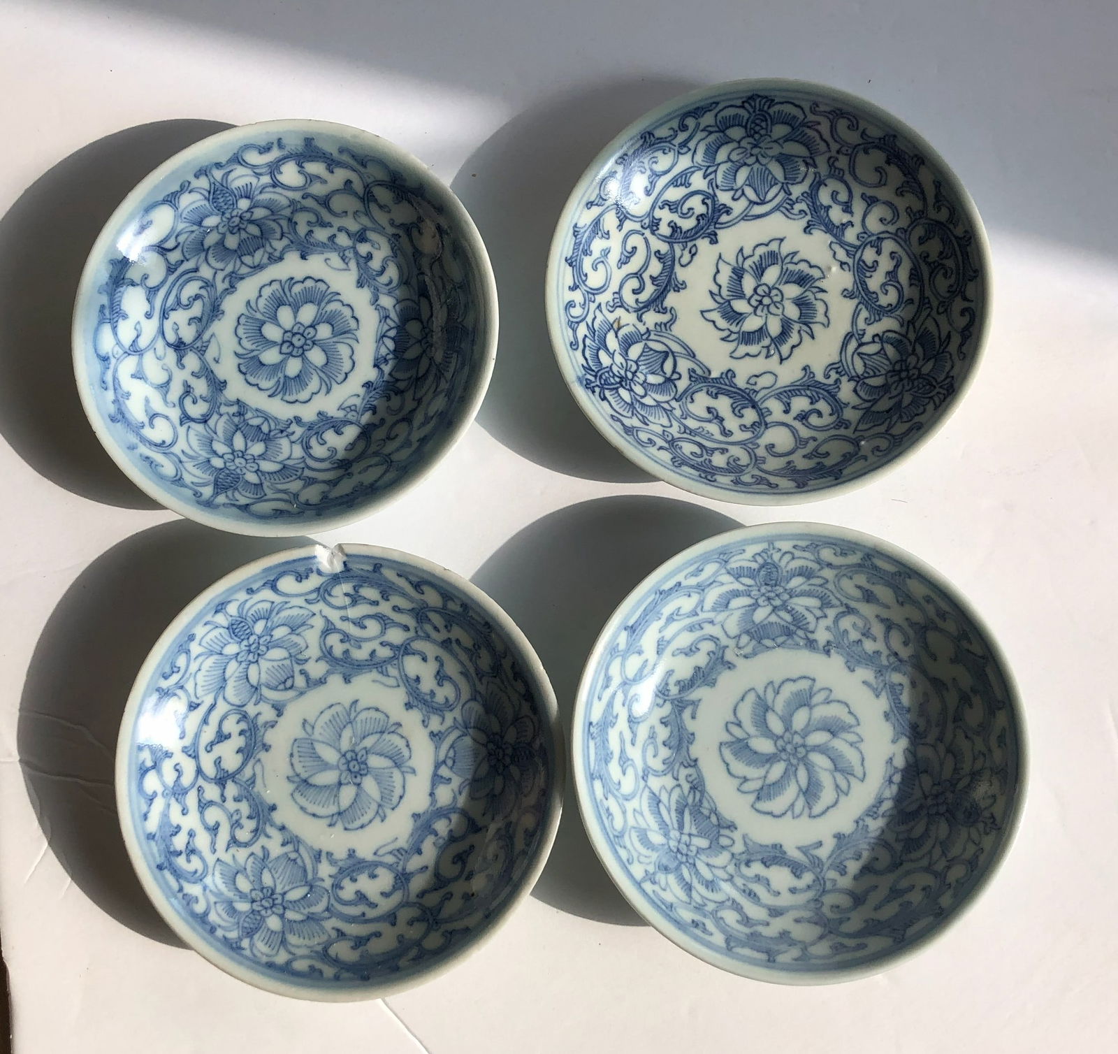 Four Antique Blue and White Dishs: Four Antique Blue and White Dishes, Diameter: 2.25"