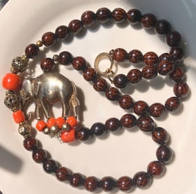 Vintage Coral Beads silver Elephant Necklace