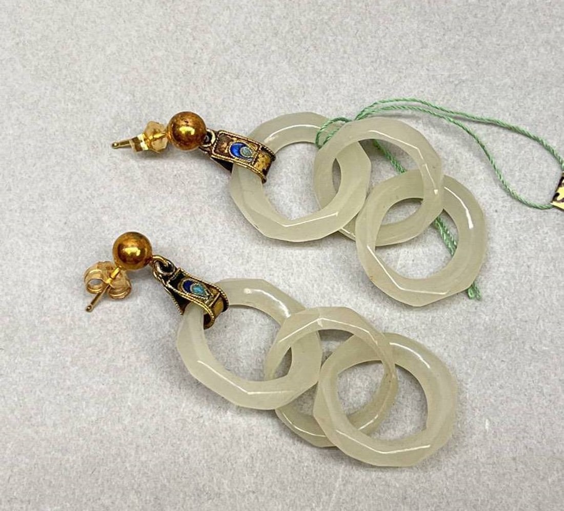 Carved jade loop earrings with 14k gold & enamel fittings: Carved jade loop earrings with 14k gold & enamel fittings