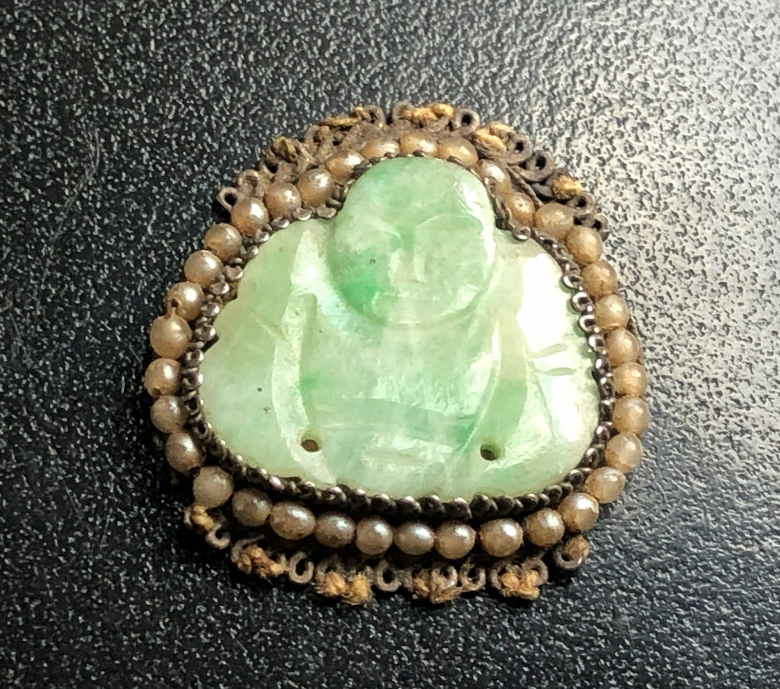 Antique Jadeite Buddha and Seed Pearl Hat Deco: Antique Jadeite Buddha and Seed Pearl Hat Deco