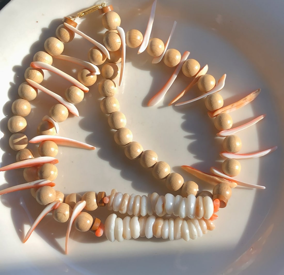 Shell and Bead Necklace: A beautiful necklace made with natural shells and wooden beads.